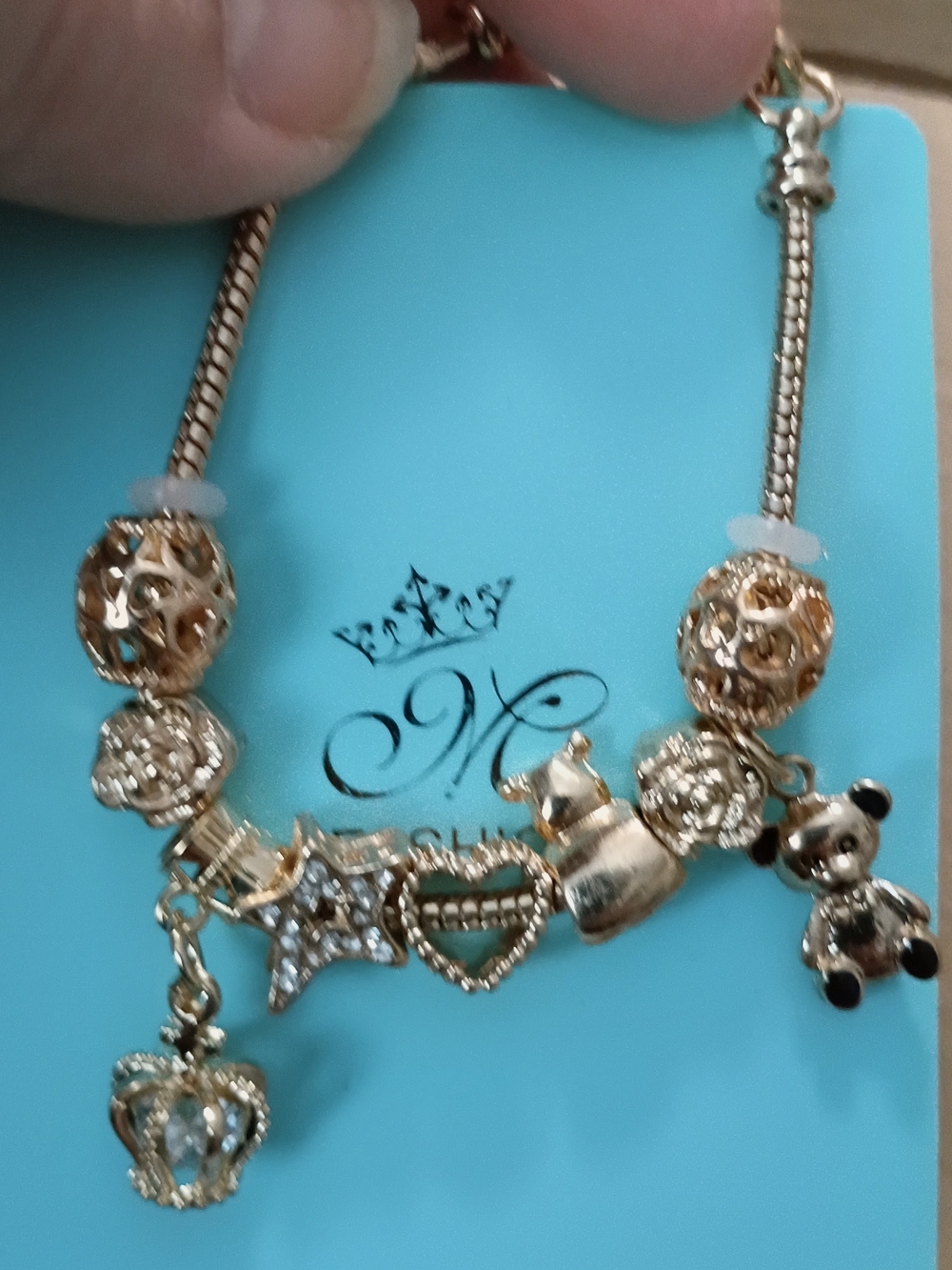 Gold-Tone Charm Bracelet with Heart, Crown, Star & Teddy Charms - Women Jewelry